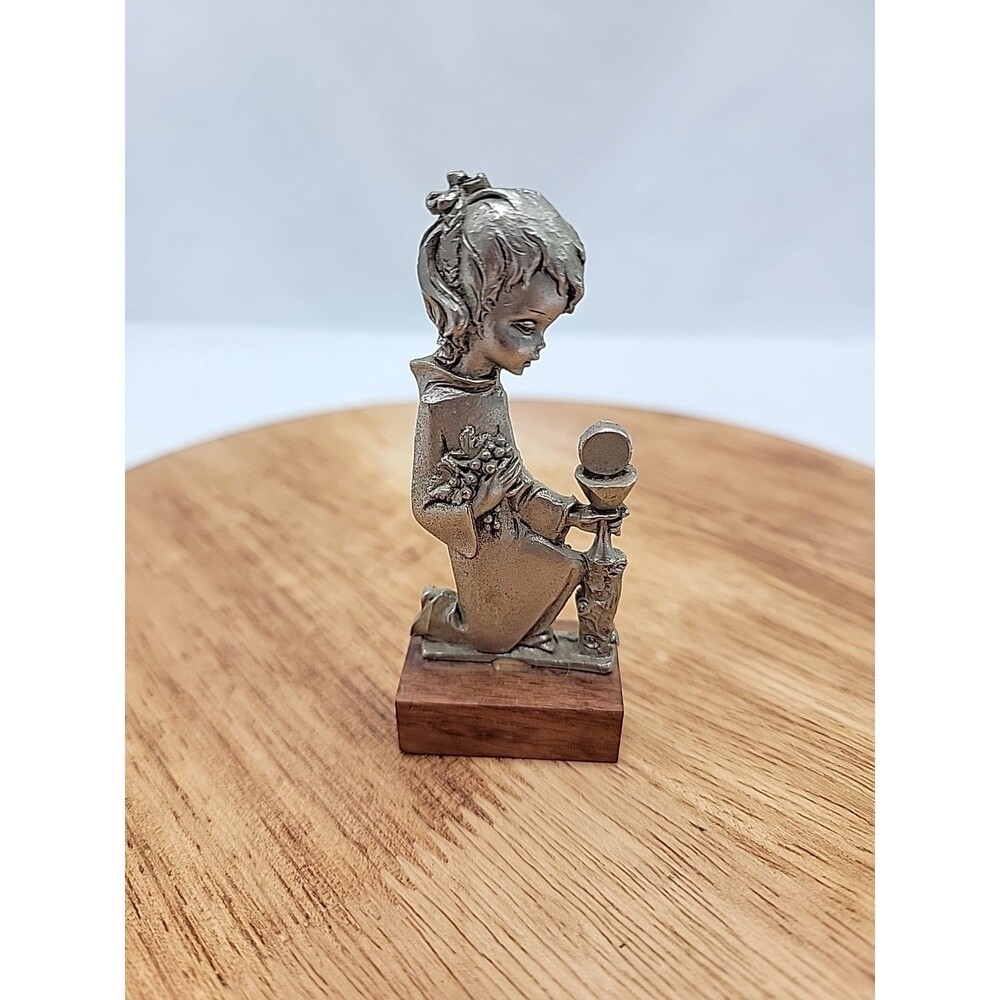 Vintage Peltro Pewter Figurine - Praying - Wood Base - Made In Italy 3.5"